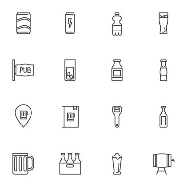 Meyhane içki hattı ikonları ayarlandı. Doğrusal biçim sembolleri koleksiyonu, ana tabela işaretleri paketi. Vektör grafikleri. Set, paket kahve fincanı, kağıt süt paketi, menü kitabı, meyve suyu paketi, bira kutusu, fıçı olarak simgeleri içerir