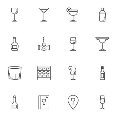 Cam çizgi simgeleri ayarlandı. doğrusal stil sembolleri koleksiyon ana çizgi işaretleri paketi. Vektör grafikleri. Sette şarap kadehi, martini bardağı, bar şişesi, kokteyl içeceği, viski kavanozu, tirbuşon gibi ikonlar yer alıyor.