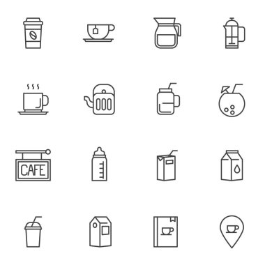 İçecekler menü satırı simgeleri ayarlandı. Doğrusal biçim sembolleri koleksiyonu, ana tabela işaretleri paketi. Vektör grafikleri. Set, paket kahve fincanı, kağıt süt paketi, menü kitabı, meyve suyu paketi, milkshake, fincan olarak simgeleri içerir