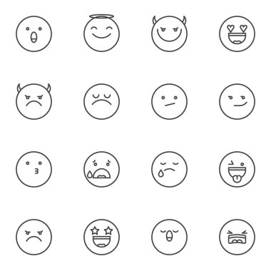 Emoji çizgi simgeleri ayarlandı. Emoticon doğrusal biçim sembolleri koleksiyonu, ana tabela paketleri. Smiley vektör grafikleri. Set, şeytan, melek, aşk, çığlık, ağlama, öpüşme, mutlu, nötr, kızgın, şeytan gibi ikonları içerir.