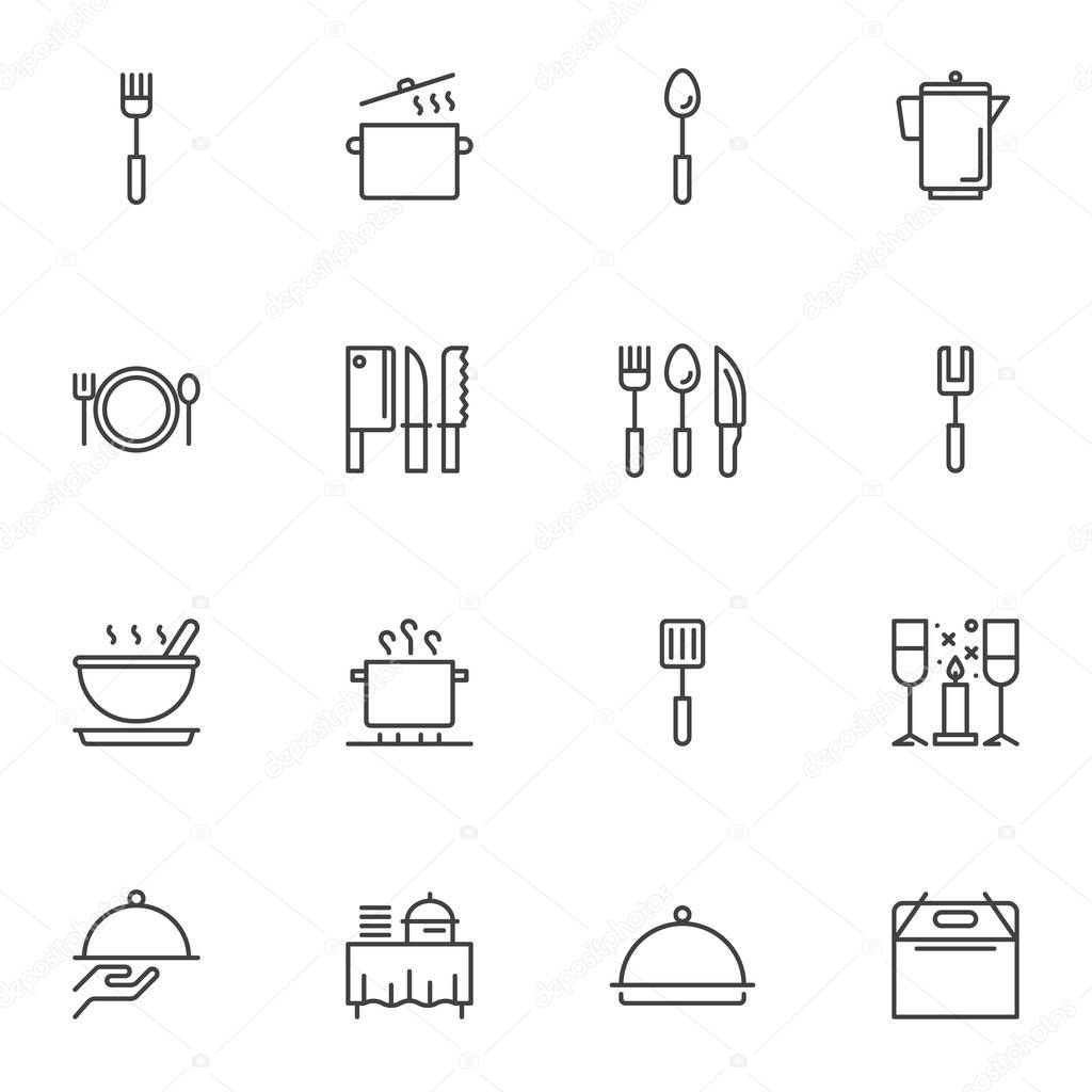 Restaurant kitchenware line icons set. linear style symbols collection, Kitchen utensils outline signs pack. vector graphics. Set includes icons as boiler pot, cooking pan, spoon, knife, serving tray