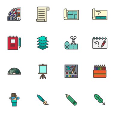 Tasarım ve çizim aracı ana çizgi simgeleri seti