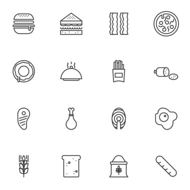 Yemek menüsü simgeleri ayarlandı. doğrusal biçim sembolleri koleksiyonu, yiyecek ana hatları işaretleri paketi