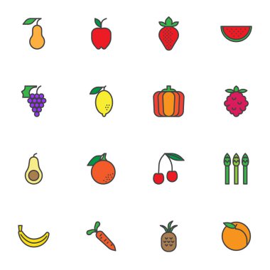 Taze meyve doldurulmuş taslak simgeler, organik gıda çizgisi vektör koleksiyonu