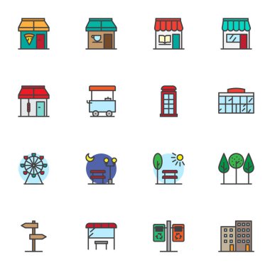 City infrastructure filled outline icons set, line vector symbol collection
