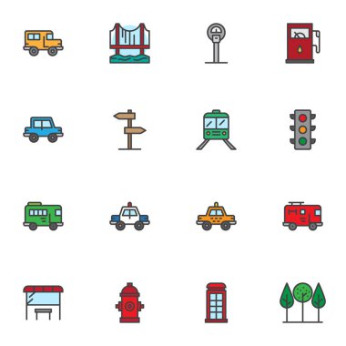 City transport filled outline icons set, line vector symbol collection