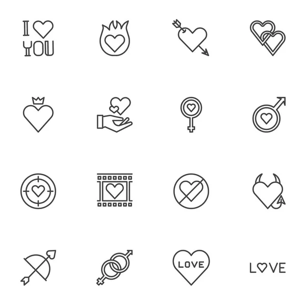 Romance Conjunto Iconos Línea Amor Colección Símbolos Estilo Lineal Contorno — Vector de stock