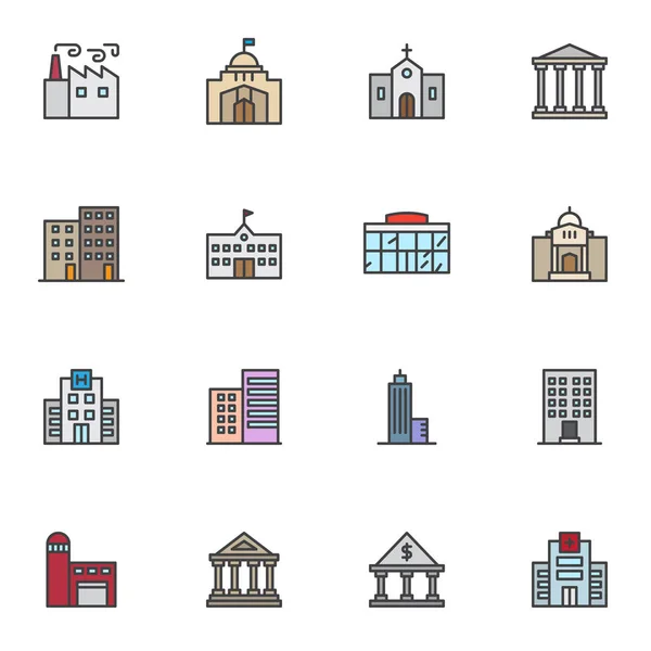 Městské Budovy Vyplněné Osnovy Nastaveny Kolekce Vektorových Symbolů — Stockový vektor