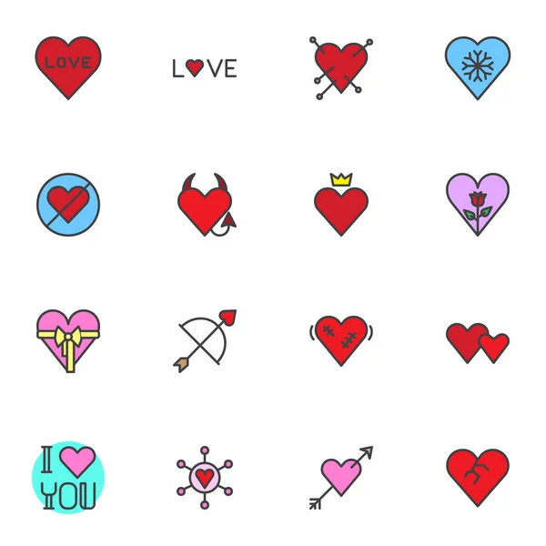 Romantic Hearts Filled Outline Icons Set Line Vector Symbol Collection — Stock vektor