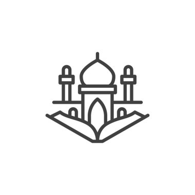 Kuran kitabı ve cami çizgisi simgesi. Mobil konsept ve web tasarımı için doğrusal biçim işareti. Ramazan Kareem vektör simgesini özetliyor. Sembol, logo çizimi. Vektör grafikleri