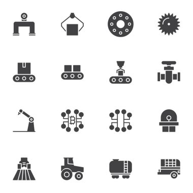 Endüstri vektör simgeleri seti, modern katı sembol koleksiyonu, doldurulmuş biçim piktogram paketi. İşaretler, logo illüstrasyonu. Set simgeleri robotik kol, taşıyıcı bant, alan traktörü, petrol tankı, tarım