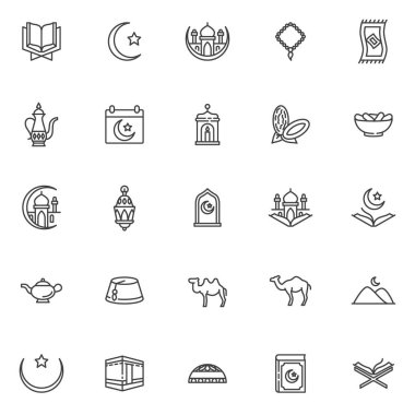 Ramazan Kareem çizgi simgeleri ayarlandı. Doğrusal stil sembolleri koleksiyonu, İslami tabela tabelaları paketi. Vektör grafikleri. Set, cami inşaatı, iftar yiyeceği, Kuran-ı Kerim, fener, ay gibi simgeleri içerir.