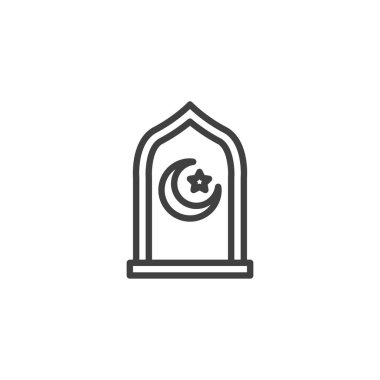 Ramazan Kareem çizgi simgesi. Mobil konsept ve web tasarımı için doğrusal biçim işareti. Ay ve yıldız çizgisi vektör simgesi olan cami penceresi. Sembol, logo çizimi. Vektör grafikleri