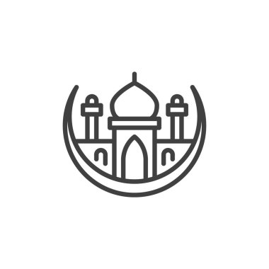 İslam Camii çizgisi simgesi. Mobil konsept ve web tasarımı için doğrusal biçim işareti. Müslüman ayı ve cami vektör ikonunu çiziyor. Ramazan Kareem sembolü, logo illüstrasyonu. Vektör grafikleri