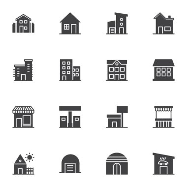 Bina vektör simgeleri seti, modern katı sembol koleksiyonu, doldurulmuş biçim piktogram paketi. İşaretler, logo illüstrasyonu. Set, emlak, köy evi, ofis, garaj, okul, ev olarak simgeleri içerir