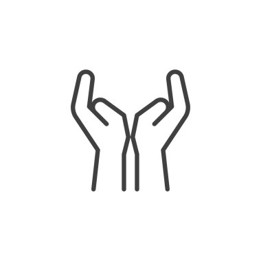 Dua eden el çizgisi ikonu. Mobil konsept ve web tasarımı için doğrusal biçim işareti. İki el ana vektör simgesini tutar. Sembol, logo çizimi. Vektör grafikleri