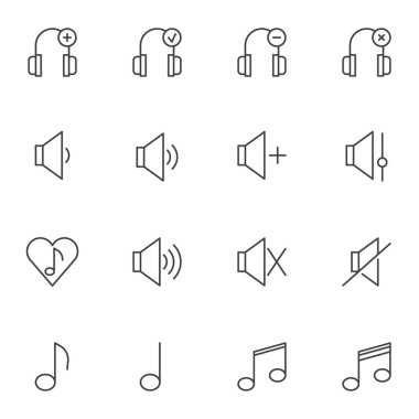 Ses, ses çizgisi simgeleri ayarlandı. Doğrusal biçim sembolleri koleksiyonu, ana tabela işaretleri paketi. Vektör grafikleri. Set simgeleri kulaklık, müzik notası, sessiz mod, favori şarkı, ses düzeyi, kayıt