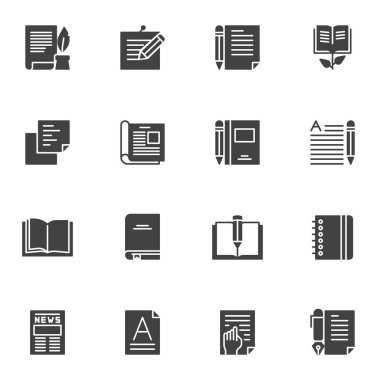 Not vektör simgeleri, modern katı sembol koleksiyonu, doldurulmuş biçim piktogram paketi yazılıyor. İşaretler, logo illüstrasyonu. Set simgeleri mürekkep hokkası ve mürekkep kalemi, not defteri, okuma, gazete ve dergi olarak içerir