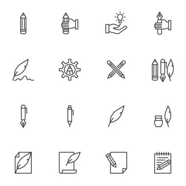 Araç satır simgeleri yazılıyor. Doğrusal biçim sembolleri koleksiyonu, metin ana hatları tabelaları paketi. Vektör grafikleri. Tüy kalem, kalem, mürekkep kalemi, belge düzenleme, not defteri, not defteri olarak simgeleri küme
