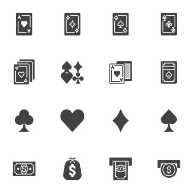 Kumarhane kartları vektör simgeleri seti, modern katı sembol koleksiyonu, doldurulmuş biçim piktogram paketi. İşaretler, logo illüstrasyonu. Oyun kartları, para yuvası, bozuk para ekleme, kupa ası olarak simgeleri küme