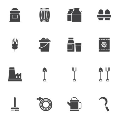 Bahçe araçları vektör simgeleri seti, modern katı sembol koleksiyonu, doldurulmuş biçim piktogram paketi. İşaretler, logo illüstrasyonu. Kümeler un çuvalı, süt şişesi, tavuk yumurtası, kürek, sulama gibi simgeleri içerir
