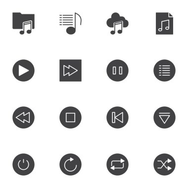 Müzik çalar vektör simgeleri seti, modern katı sembol koleksiyonu, doldurulmuş biçim piktogram paketi. İşaretler, logo illüstrasyonu. Müzik dizini olarak simgeleri ayarla, duraklat, çal, dur, karıştır, çalma listesi