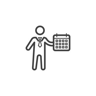 Zaman yönetimi çizgisi simgesi. Mobil konsept ve web tasarımı için iş planlama tarzı işareti. Takvim hatları vektör simgesine sahip bir iş adamı. Sembol, logo çizimi. Vektör grafikleri