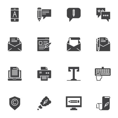 Belge düzenleme vektör simgeleri seti, modern katı sembol koleksiyonu, doldurulmuş biçim piktogram paketi. İşaretler, logo illüstrasyonu. İleti yazma, yazı tipi, zarf postası, e- posta belgesi olarak simgeleri içerir