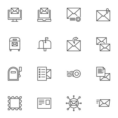 Servis satırı simgeleri ayarlandı. E- posta doğrusal biçim sembolleri koleksiyonu, özet tabela paketi. Posta vektör grafikleri. Seti çevrimiçi mesajlaşma, zarf filigranı, posta pulu, posta kutusu olarak simgeleri içerir
