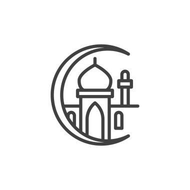 İslam Camii çizgisi simgesi. Mobil konsept ve web tasarımı için doğrusal biçim işareti. İslam uydusu ve camii vektör ikonunu çiziyor. Ramazan Kareem sembolü, logo illüstrasyonu. Vektör grafikleri