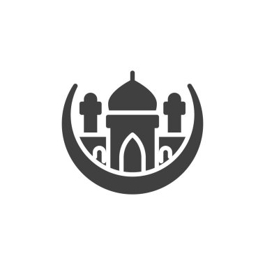 İslam Camii vektör simgesi. Mobil konsept ve web tasarımı için düz tabela. Müslüman ayı ve cami sembolü. Ramazan Kareem sembolü, logo illüstrasyonu. Vektör grafikleri