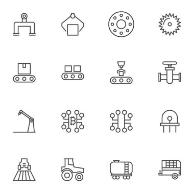 Sanayi çizgisi simgeleri ayarlandı. doğrusal stil sembolleri koleksiyon ana çizgi işaretleri paketi. Vektör grafikleri. Set simgeleri, robot kol, taşıyıcı bant, arazi traktörü, petrol tankı römorku, mekanizma teçhizatı, çiftçilik