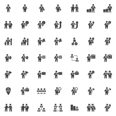 İş adamları iletişim vektör simgeleri seti, modern katı sembol koleksiyonu, doldurulmuş biçim piktogram paketi. Logo illüstrasyonu işaretleri. Set simgeleri ortaklık anlaşması, çözüm fikri ve iş adamı olarak içerir