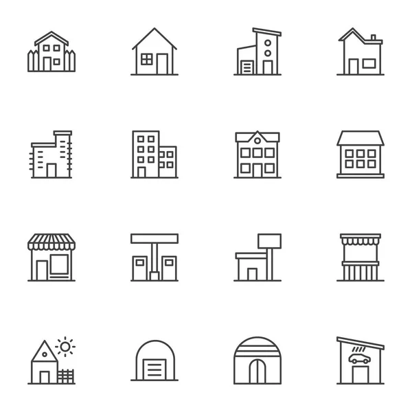 Edificios Conjunto Iconos Línea Bienes Raíces Lineal Colección Símbolos Estilo — Vector de stock