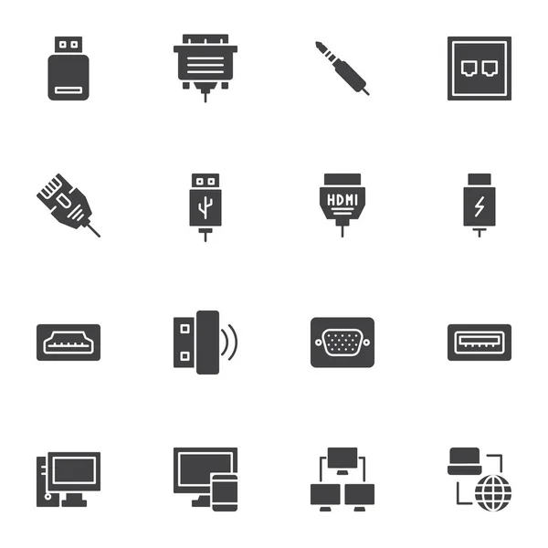 Set Icone Vettoriali Connettori Prese Moderna Collezione Simboli Solidi Confezione — Vettoriale Stock
