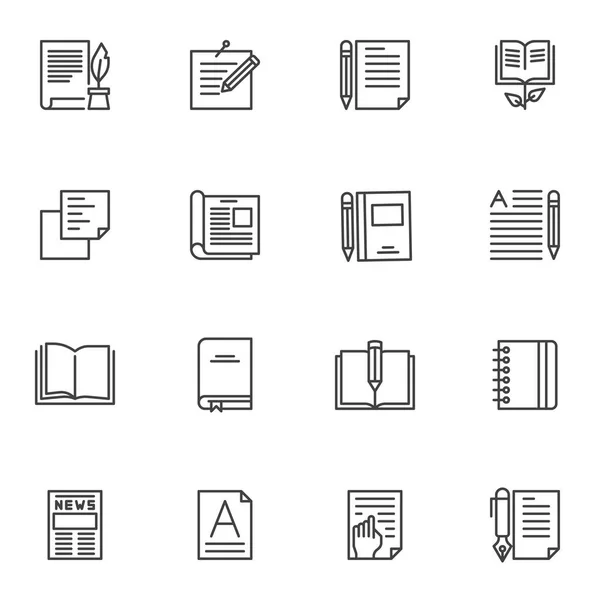 Scrivere Note Linea Icone Impostate Collezione Simboli Stile Lineare Documento — Vettoriale Stock