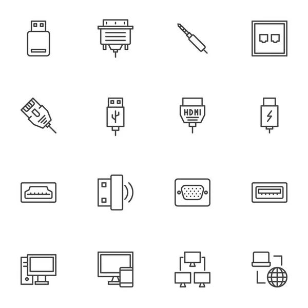 Conectores Iconos Línea Enchufes Establecidos Colección Símbolos Estilo Lineal Contorno — Vector de stock