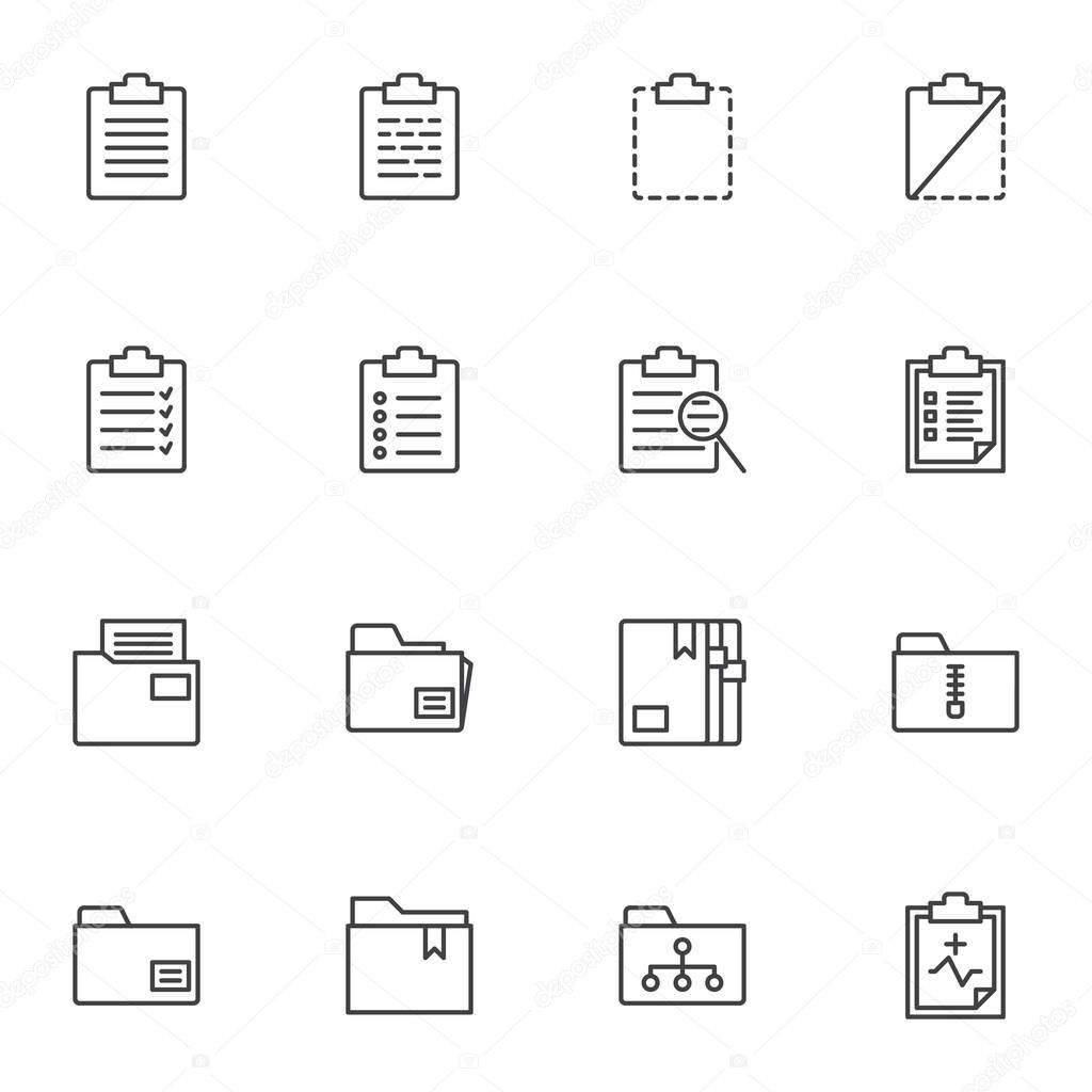 Document folders line icons set. linear style symbols collection, outline signs pack. vector graphics. Set includes icons as archive file, history search, list page, contract form, bookmark, clipboard