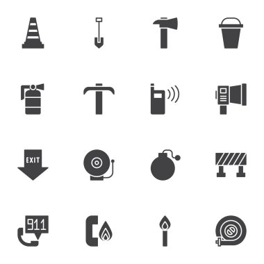 İtfaiye vektör simgeleri seti, modern katı sembol koleksiyonu, doldurulmuş resim paketi. İşaretler, logo illüstrasyonu. Dekor simgeleri balta, yangın söndürücü, su hortumu, acil durum çağrısı, güvenlik 