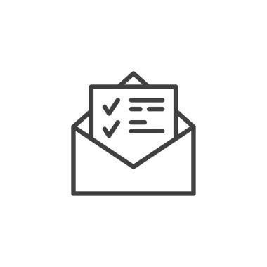 Sözleşme belgesi simgesi içeren zarf posta. Mobil konsept ve web tasarımı için doğrusal biçim işareti. Kontrol listesi harfi ana hatları vektör simgesi. Sembol, logo çizimi. Vektör grafikleri