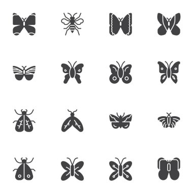 Kelebek vektör simgeleri seti, modern katı sembol koleksiyonu, doldurulmuş biçim piktogram paketi. İşaretler, logo illüstrasyonu. Kelebek kanatları, güve, sinek gibi simgeler içerir 