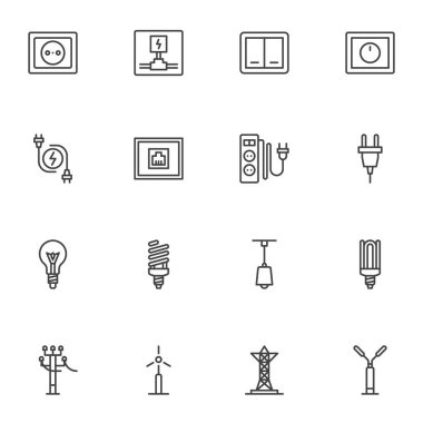 Elektrik hattı simgeleri ayarlandı. Doğrusal stil sembolleri koleksiyonu, elektrik ışık çizgisi tabelaları paketi. Vektör grafikleri. Ampul tipi simgeleri, enerji tasarrufu lambası, anahtar, soket, güç iletimi gibi simgeleri içerir