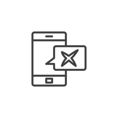 Cep telefonu ve konuşma baloncuk hattı simgesini reddet. Mobil konsept ve web tasarımı için doğrusal biçim işareti. Akıllı telefon olumsuz geri besleme ana hatlı vektör simgesi. Sembol, logo çizimi. Vektör grafikleri