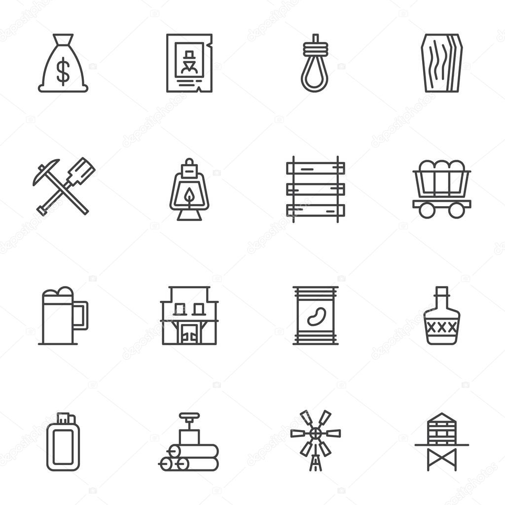 Wild west line icons set. linear style symbols collection, outline signs pack. vector graphics. Set includes icons as money bag, rum bottle, wanted poster, gallows, coffin, saloon, dynamite, western