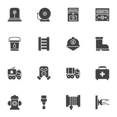 Ateş Savaşçısı vektör simgeleri seti, modern katı sembol koleksiyonu, doldurulmuş resim paketi. İşaretler, logo illüstrasyonu. Alarm siren, maske, solunum cihazı, ilk yardım çantası, yangın musluğu simgeleri