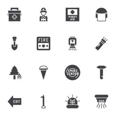 Güvenlik talimatları vektör simgeleri seti, modern katı sembol koleksiyonu, acil durum doldurulmuş resim paketi. İşaretler, logo illüstrasyonu. Duman sensörü, sağlık çantası, çıkış yönü olarak simgeleri içerir