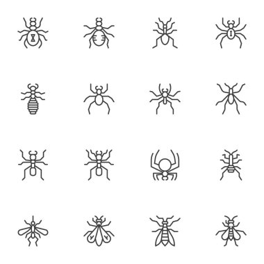 Böcek çizgisi simgeleri ayarlandı. Doğrusal biçim sembolleri koleksiyonu, ana tabela işaretleri paketi. Hexapod böcek vektör grafikleri. Set simgeleri örümcek, sivrisinek, sinek, karınca, güve, karınca, böcek, çekirge, çekirge