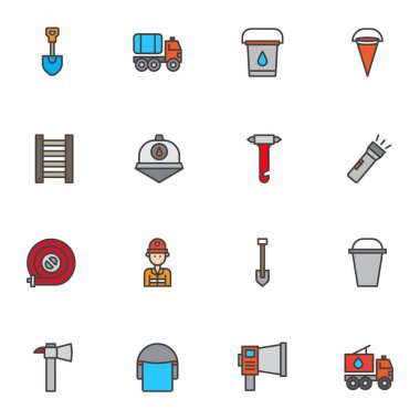 İtfaiyecilik doldurulmuş ana hatlar seti, çizgi vektör sembolü koleksiyonu, doğrusal renkli piktogram paketi. İşaretler, logo illüstrasyonu, su kovası, itfaiyeci miğferi, hortum, kamyon gibi simgeler.