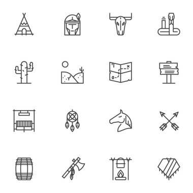 Yerli Amerikan Çizgisi simgeleri ayarlandı. Doğrusal stil sembolleri koleksiyonu, Vahşi Batı ana hatları tabela paketi. Vektör grafikleri. Batılı kovboy, hazine haritası, at, düş kapanı, çöl kaktüsü gibi ikonlar