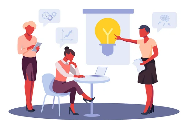 Business people brainstorming. Businesswoman making presentation with idea lamp. Colorful flat design vector illustration. Creative business women talking and thinking. Office teamwork